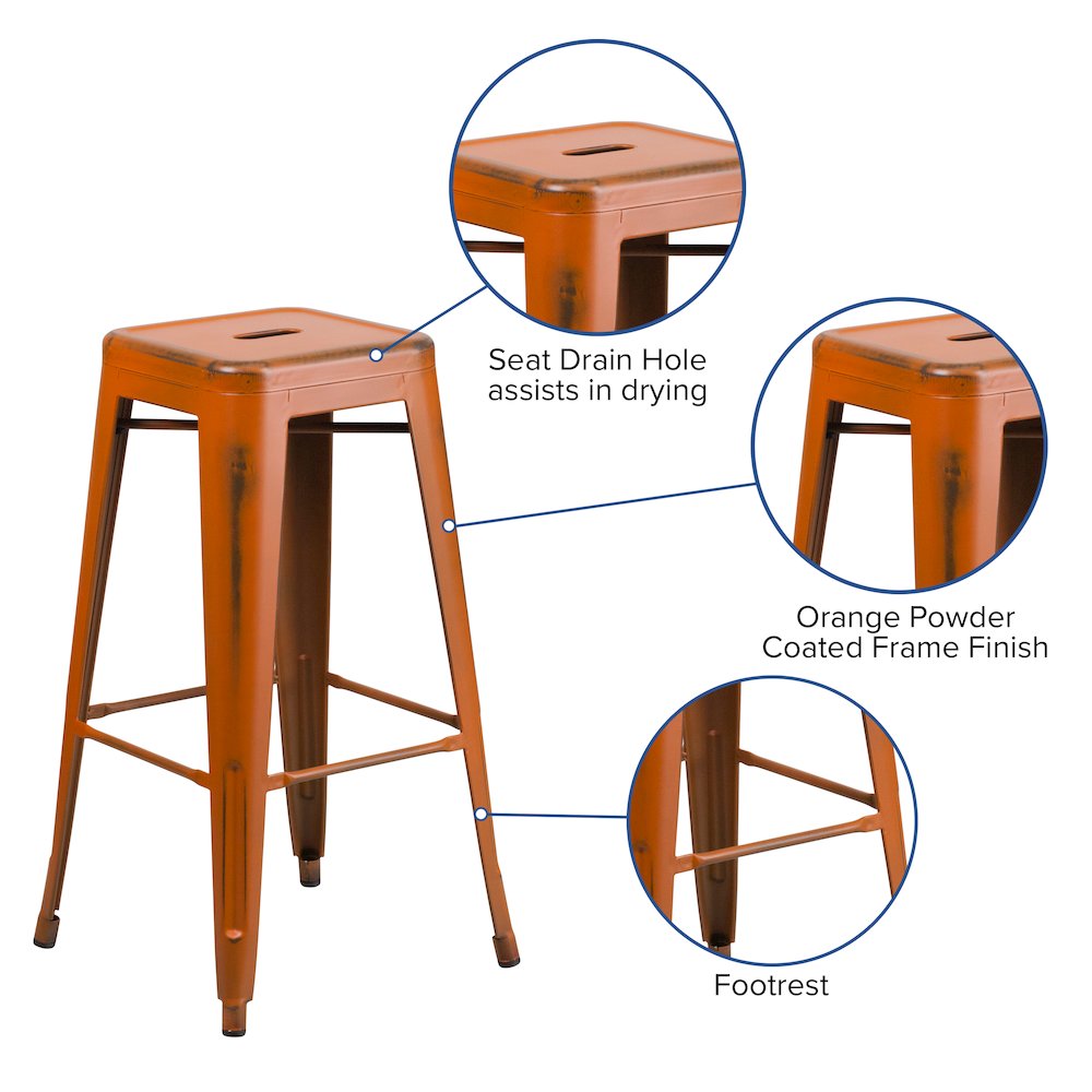30" High Backless Distressed Orange Metal Indoor-Outdoor Barstool