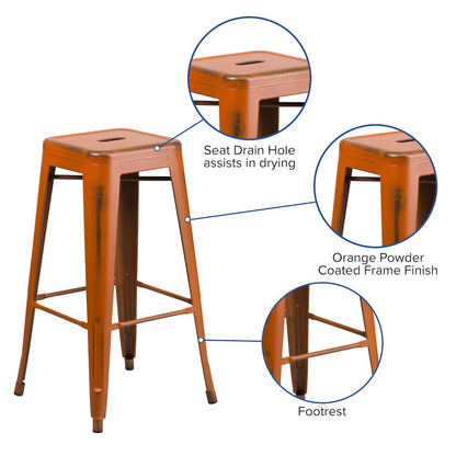 30" High Backless Distressed Orange Metal Indoor-Outdoor Barstool