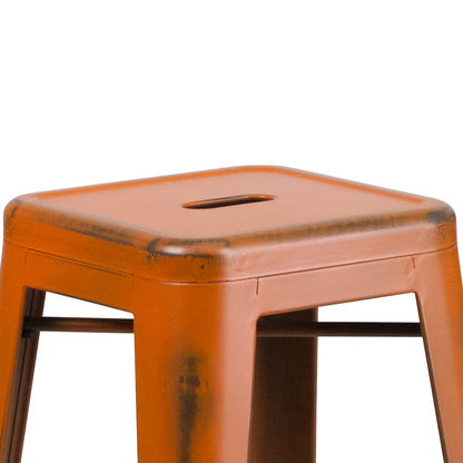 30" High Backless Distressed Orange Metal Indoor-Outdoor Barstool
