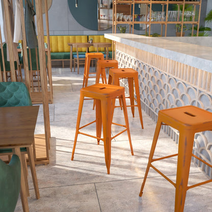 30" High Backless Distressed Orange Metal Indoor-Outdoor Barstool
