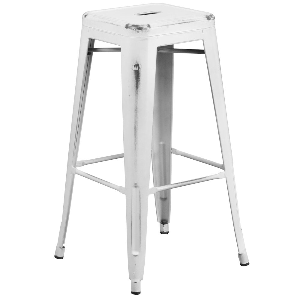 30" High Backless Distressed White Metal Indoor-Outdoor Barstool