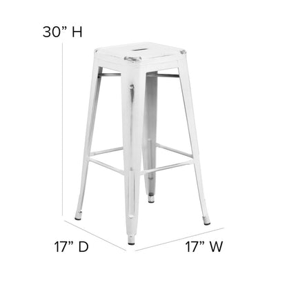 30" High Backless Distressed White Metal Indoor-Outdoor Barstool