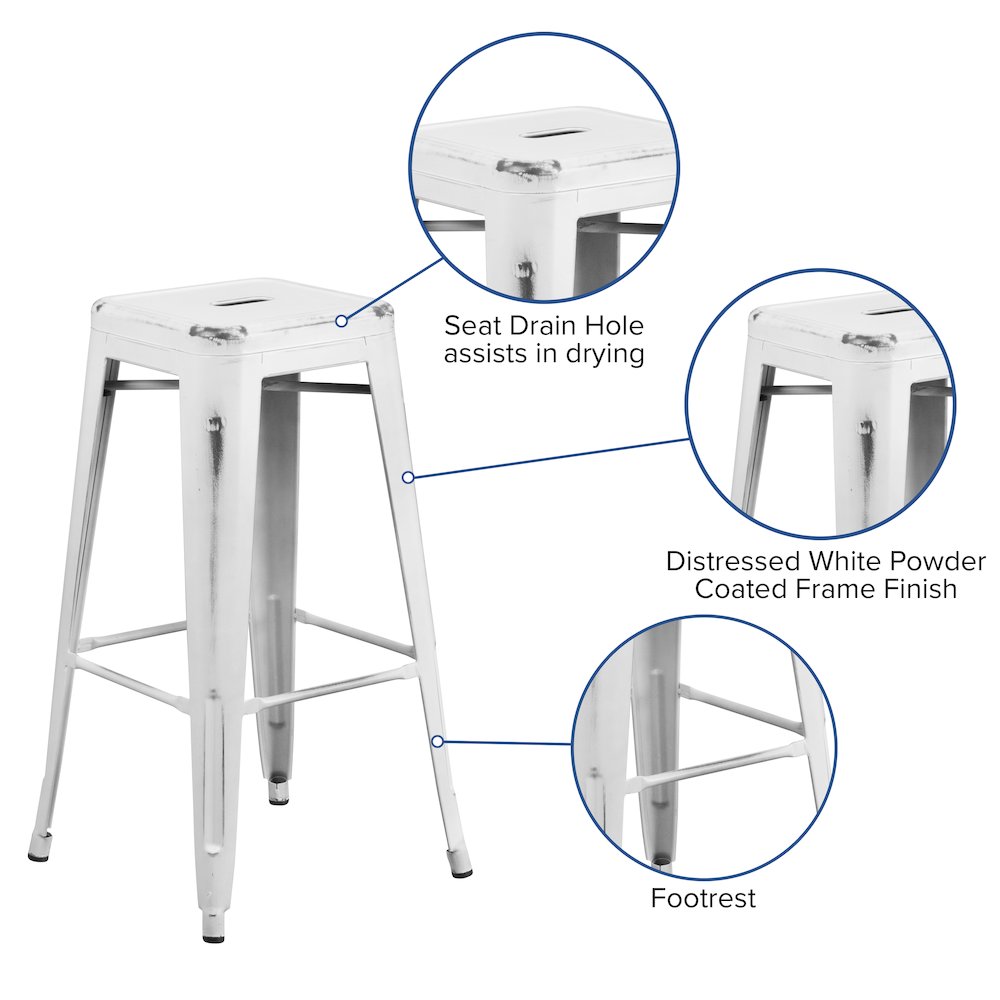 30" High Backless Distressed White Metal Indoor-Outdoor Barstool
