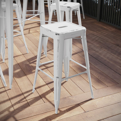30" High Backless Distressed White Metal Indoor-Outdoor Barstool