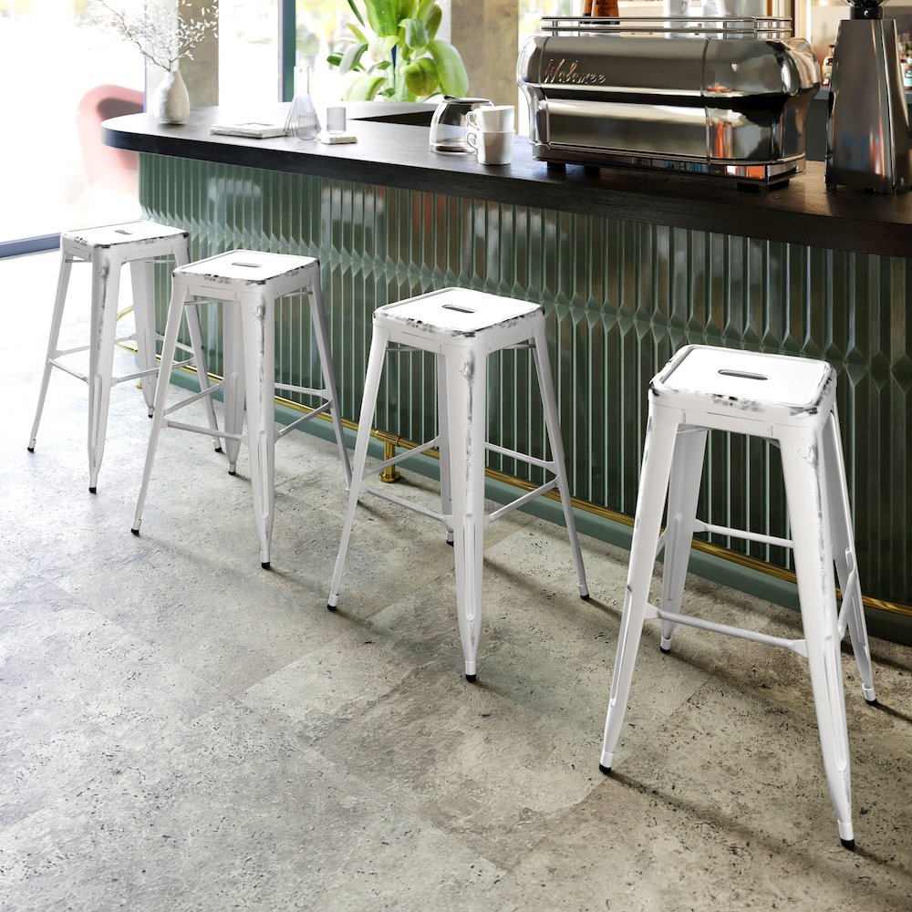 30" High Backless Distressed White Metal Indoor-Outdoor Barstool