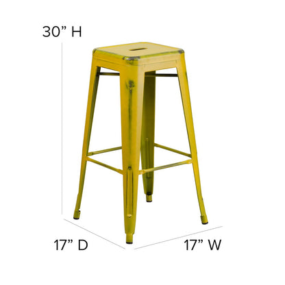 30" High Backless Distressed Yellow Metal Indoor-Outdoor Barstool