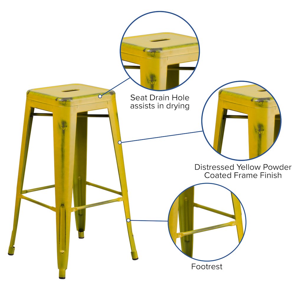30" High Backless Distressed Yellow Metal Indoor-Outdoor Barstool