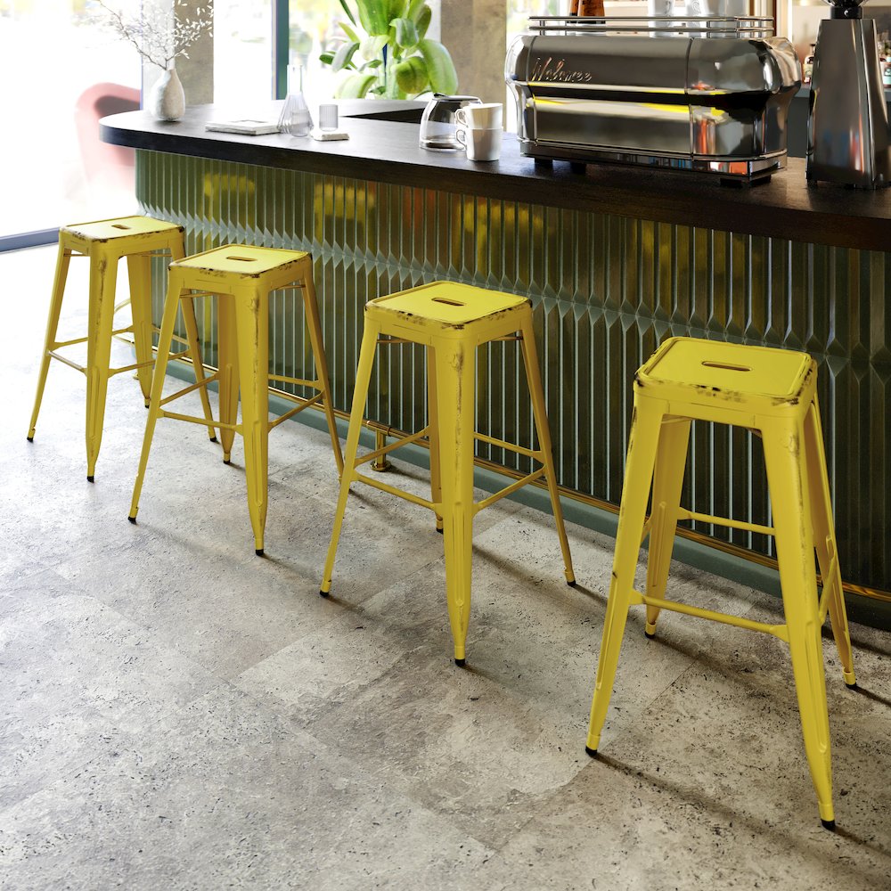 30" High Backless Distressed Yellow Metal Indoor-Outdoor Barstool