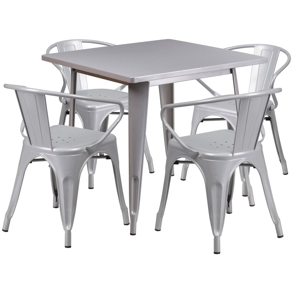 31.5" Square Silver Metal Indoor-Outdoor Table Set with 4 Arm Chairs