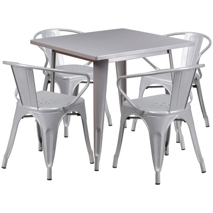 31.5" Square Silver Metal Indoor-Outdoor Table Set with 4 Arm Chairs