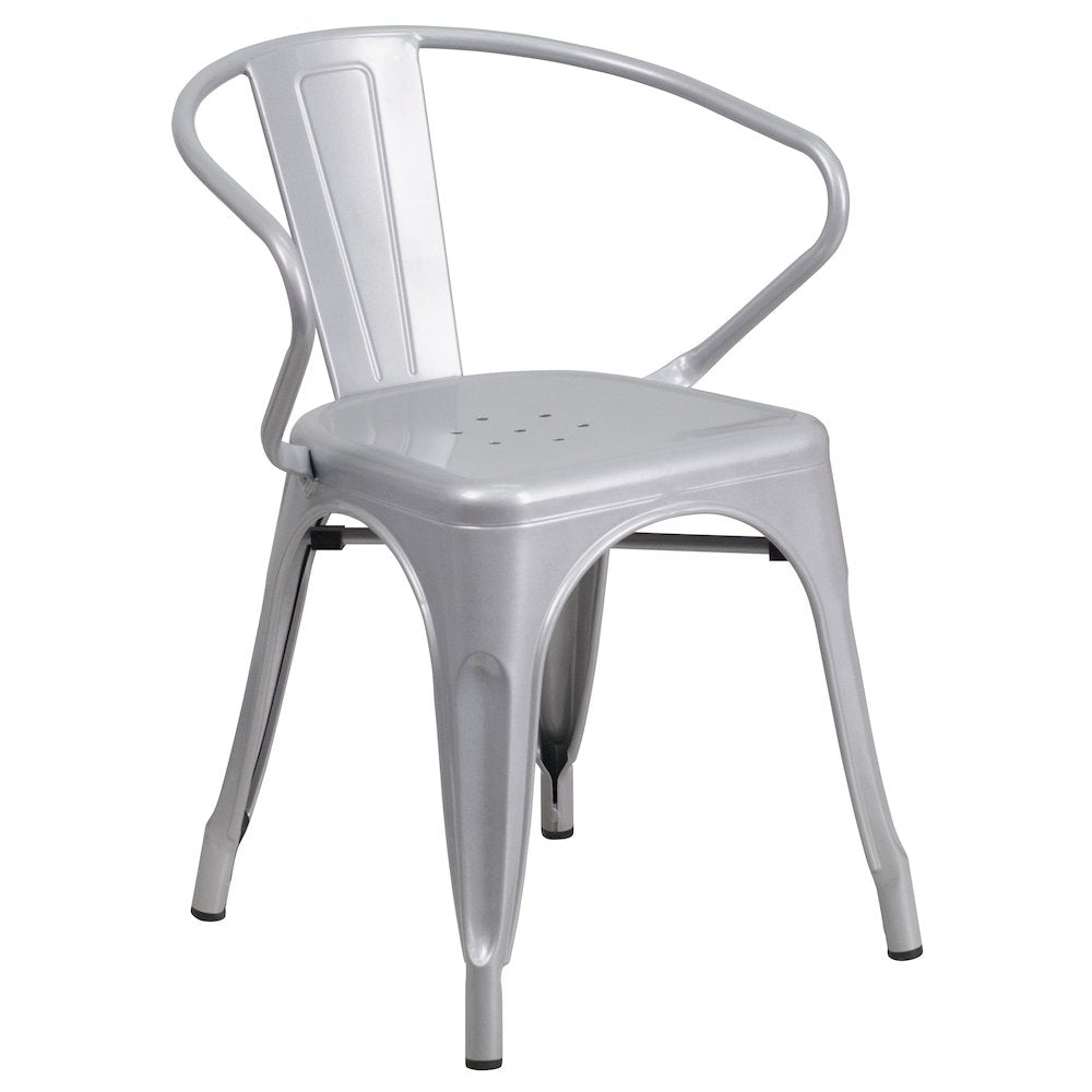 31.5" Square Silver Metal Indoor-Outdoor Table Set with 4 Arm Chairs