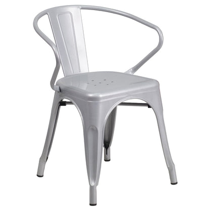 31.5" Square Silver Metal Indoor-Outdoor Table Set with 4 Arm Chairs