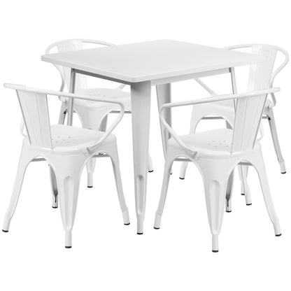 31.5" Square White Metal Indoor-Outdoor Table Set with 4 Arm Chairs