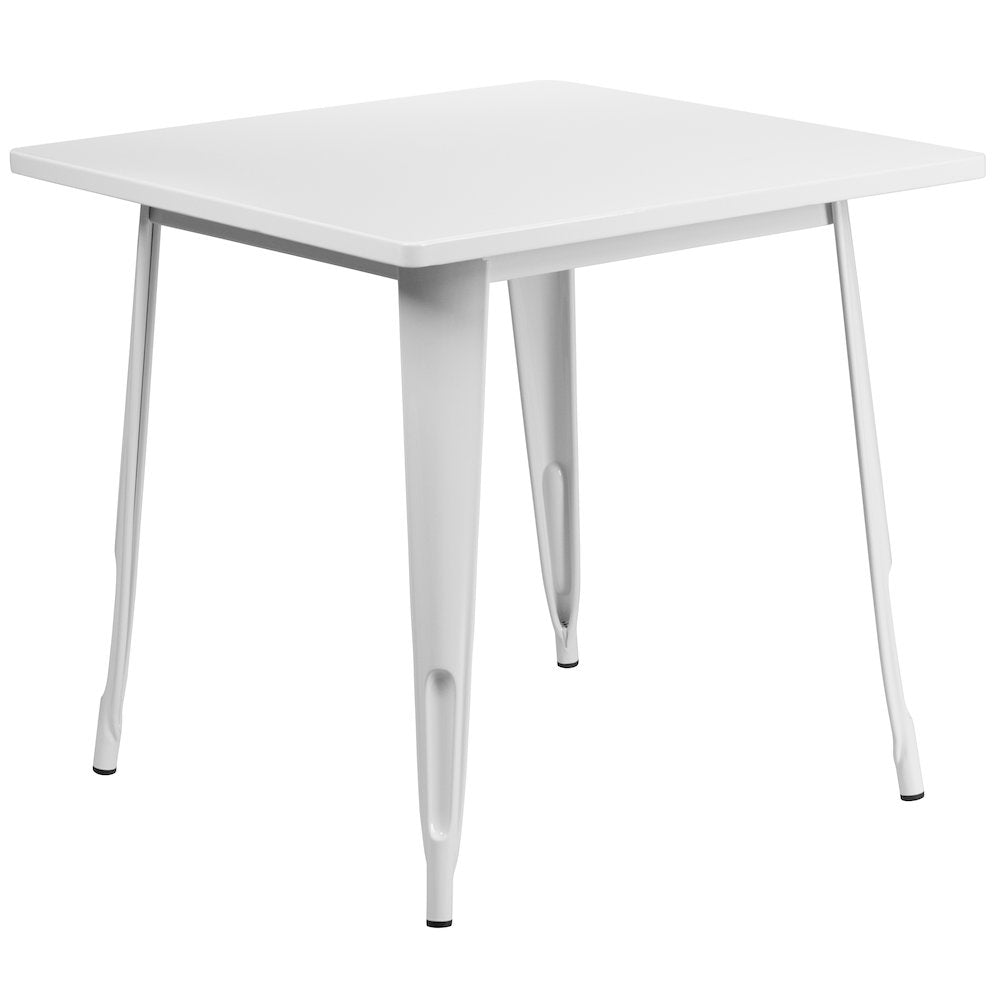31.5" Square White Metal Indoor-Outdoor Table Set with 4 Arm Chairs