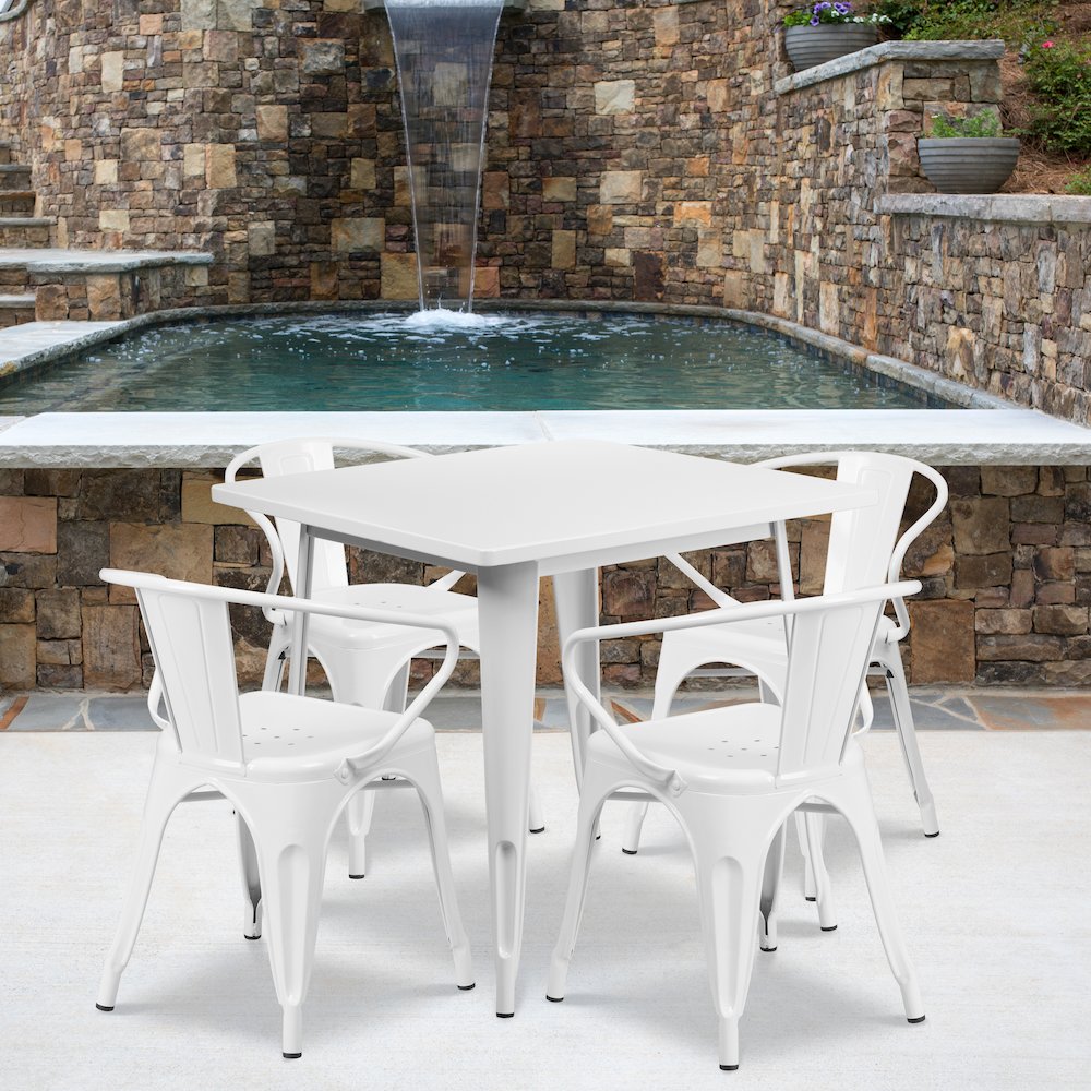 31.5" Square White Metal Indoor-Outdoor Table Set with 4 Arm Chairs