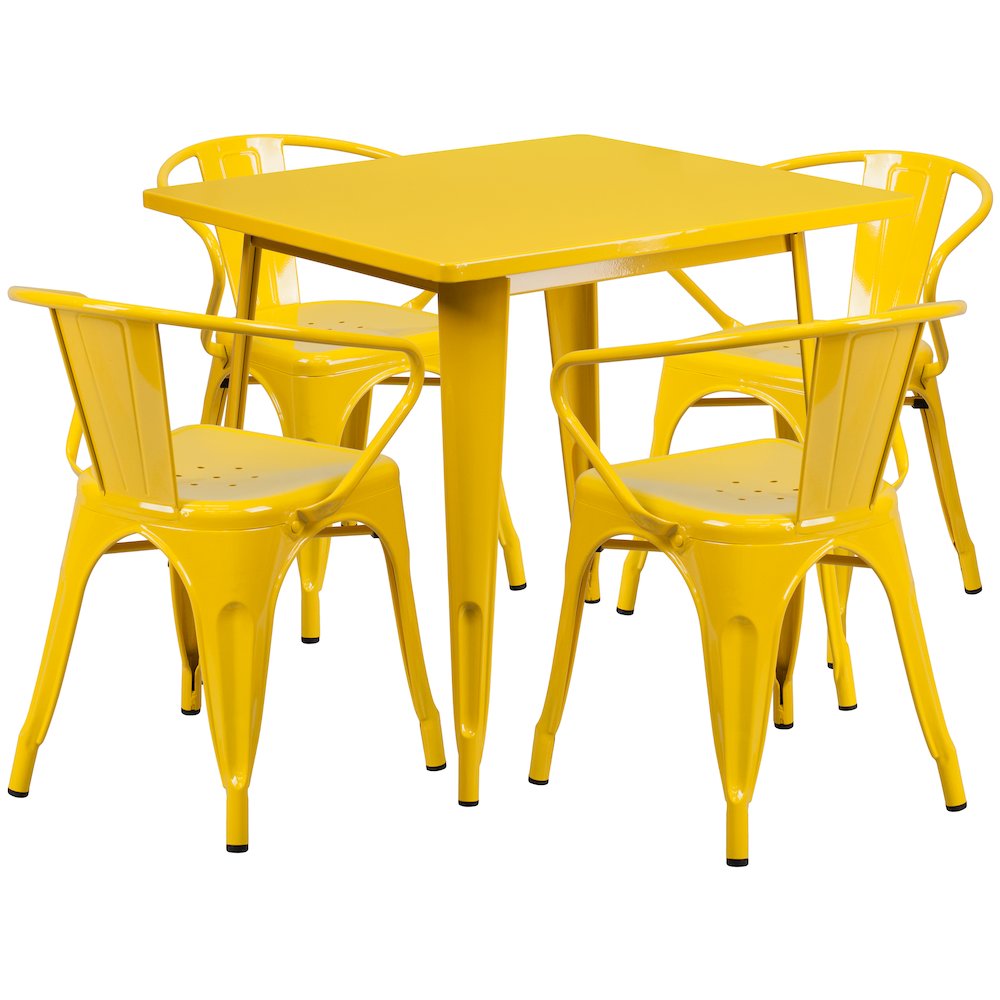 31.5" Square Yellow Metal Indoor-Outdoor Table Set with 4 Arm Chairs