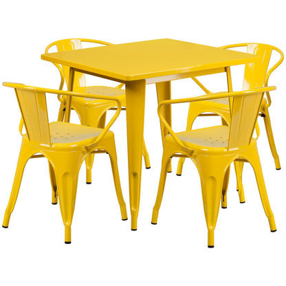 31.5" Square Yellow Metal Indoor-Outdoor Table Set with 4 Arm Chairs