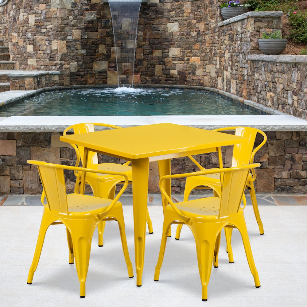 31.5" Square Yellow Metal Indoor-Outdoor Table Set with 4 Arm Chairs