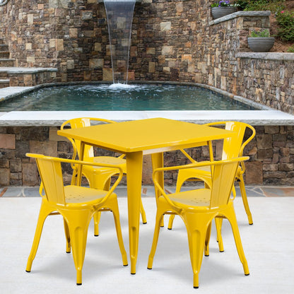 31.5" Square Yellow Metal Indoor-Outdoor Table Set with 4 Arm Chairs