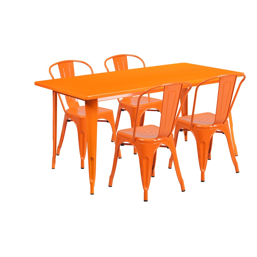 31.5" x 63" Orange Metal Indoor-Outdoor Table Set with 4 Stack Chairs