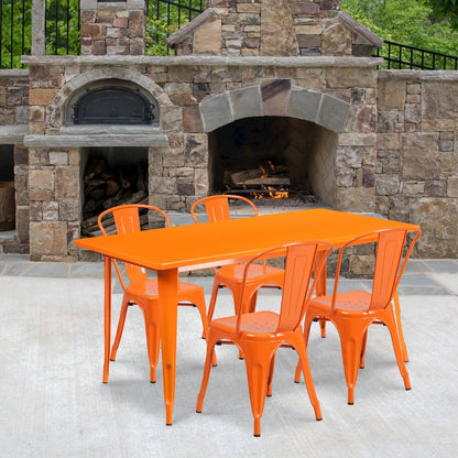31.5" x 63" Orange Metal Indoor-Outdoor Table Set with 4 Stack Chairs