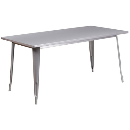 31.5" x 63" Silver Metal Indoor-Outdoor Table Set with 4 Stack Chairs