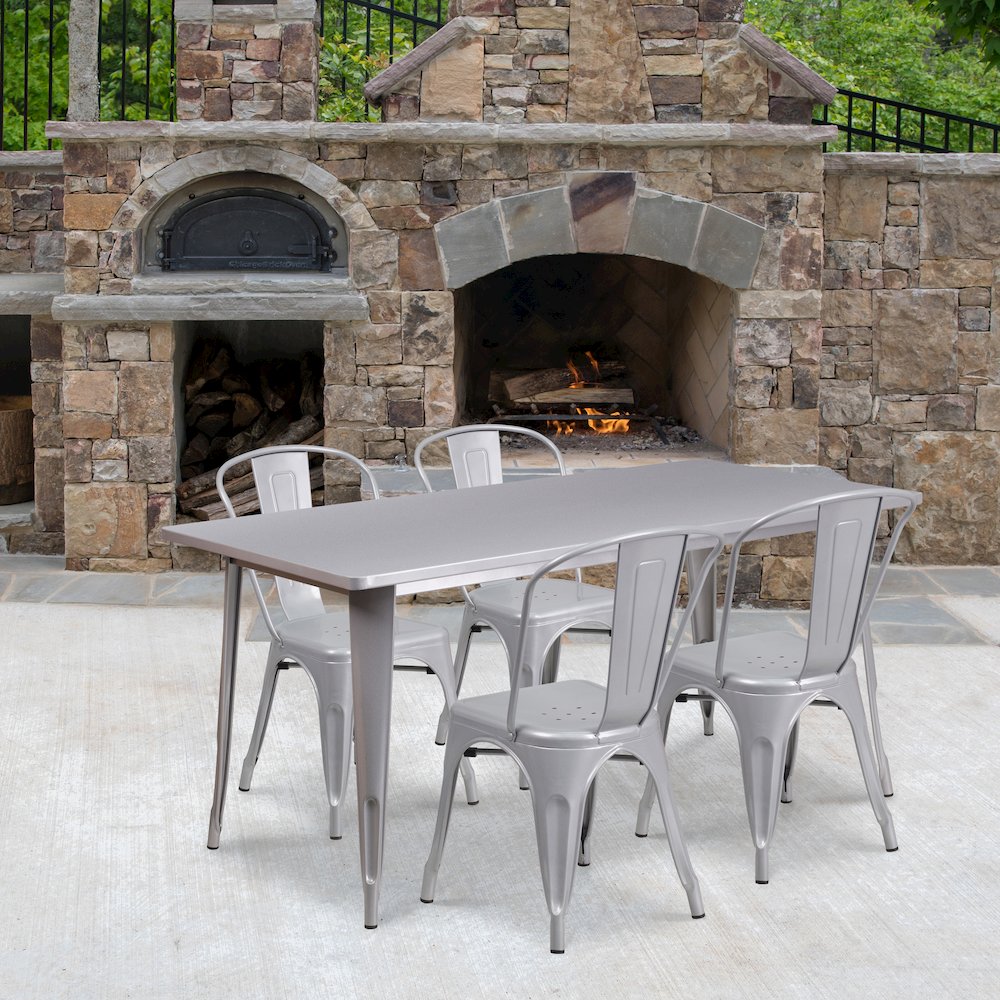 31.5" x 63" Silver Metal Indoor-Outdoor Table Set with 4 Stack Chairs