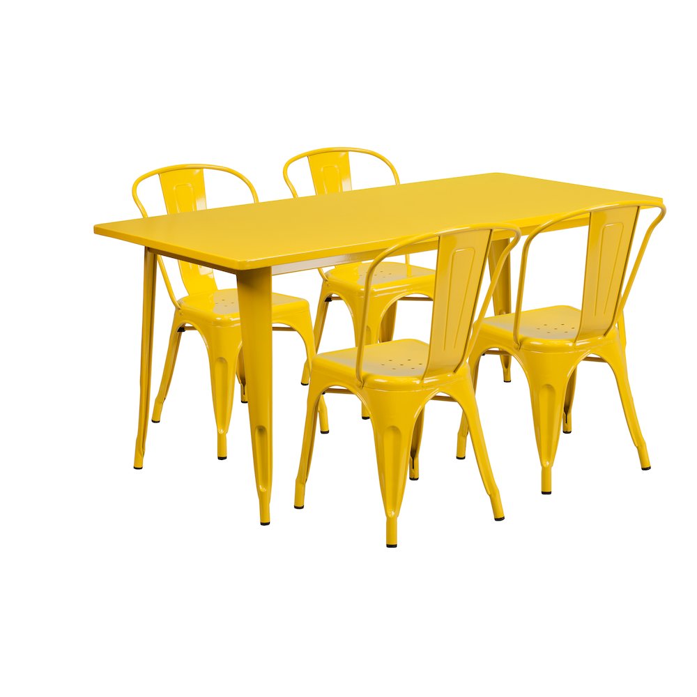 31.5" x 63" Yellow Metal Indoor-Outdoor Table Set with 4 Stack Chairs