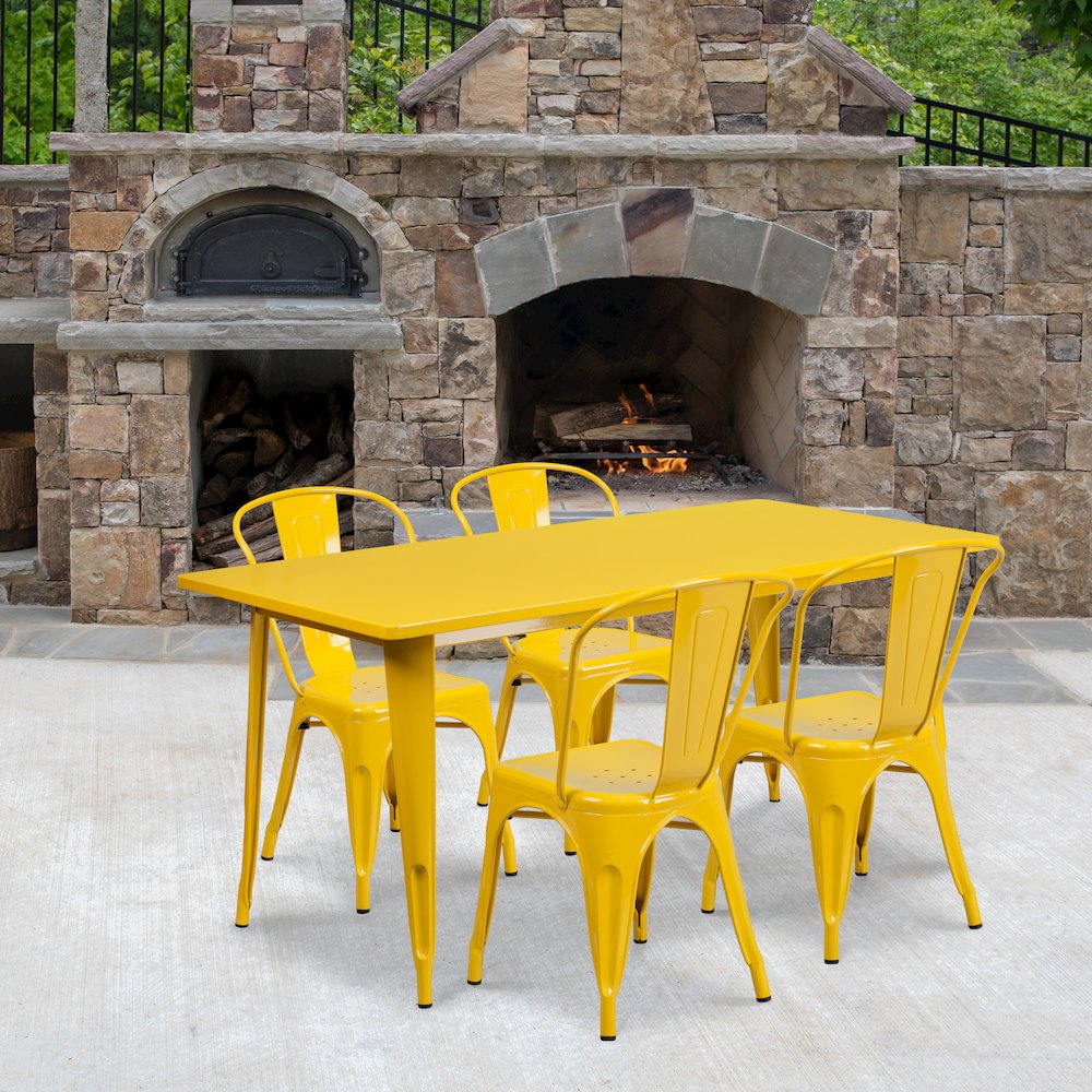 31.5" x 63" Yellow Metal Indoor-Outdoor Table Set with 4 Stack Chairs