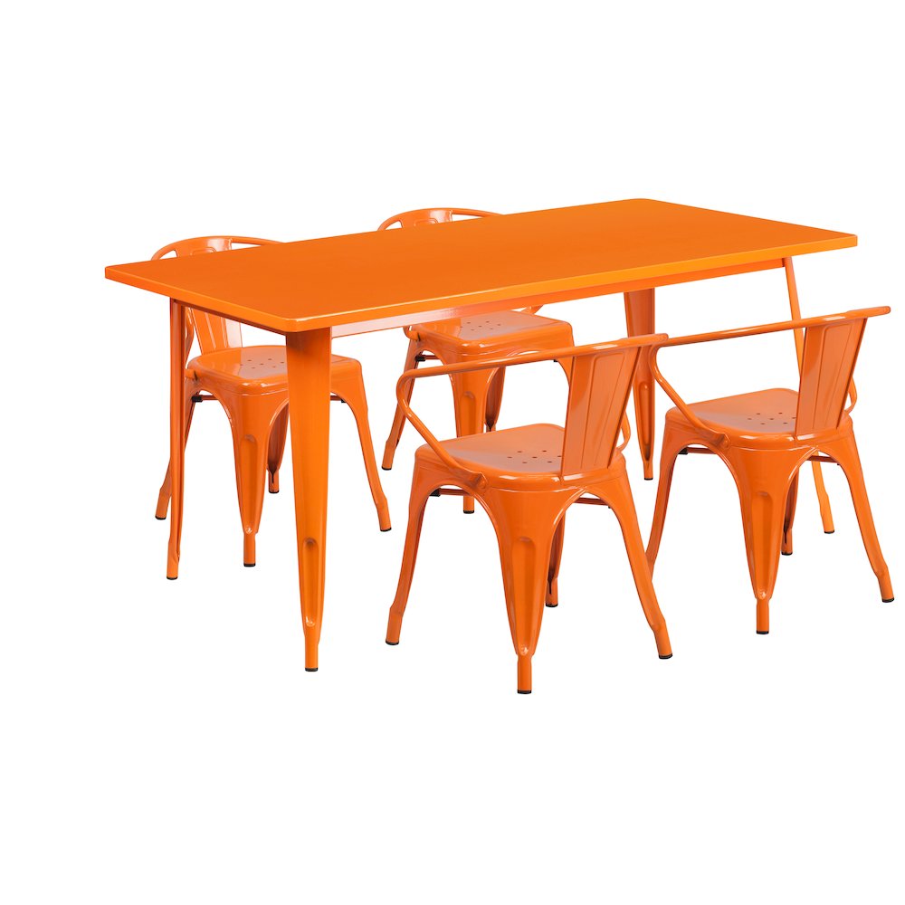 31.5" x 63" Rectangular Orange Metal Indoor-Outdoor Table Set with 4 Arm Chairs