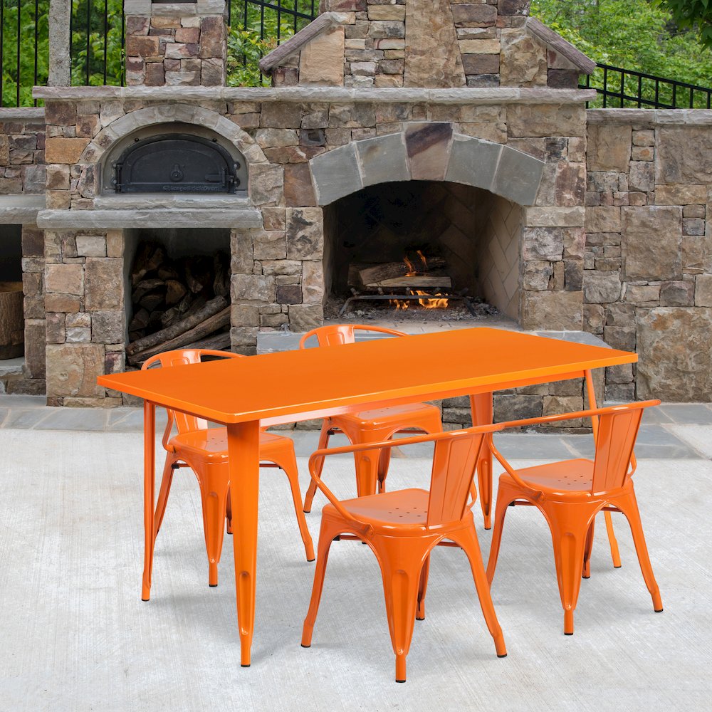 31.5" x 63" Rectangular Orange Metal Indoor-Outdoor Table Set with 4 Arm Chairs