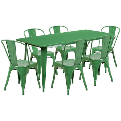 1.5" x 63" Rectangular Green Metal Indoor-Outdoor Table Set with 6 Stack Chairs