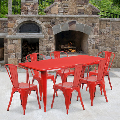 Commercial Grade 31.5" x 63" Rectangular Red Metal Indoor-Outdoor Table Set with 6 Stack Chairs