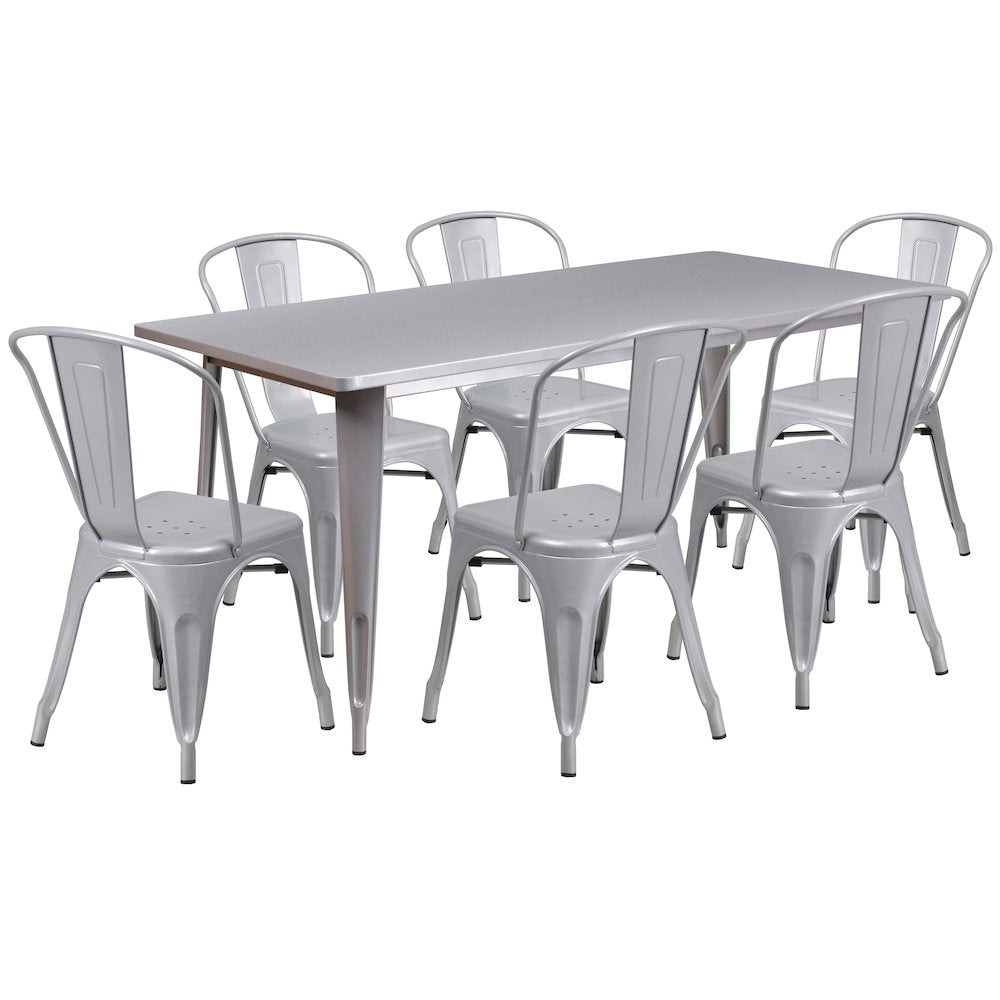 Commercial Grade 31.5" x 63" Rectangular Silver Metal Indoor-Outdoor Table Set with 6 Stack Chairs