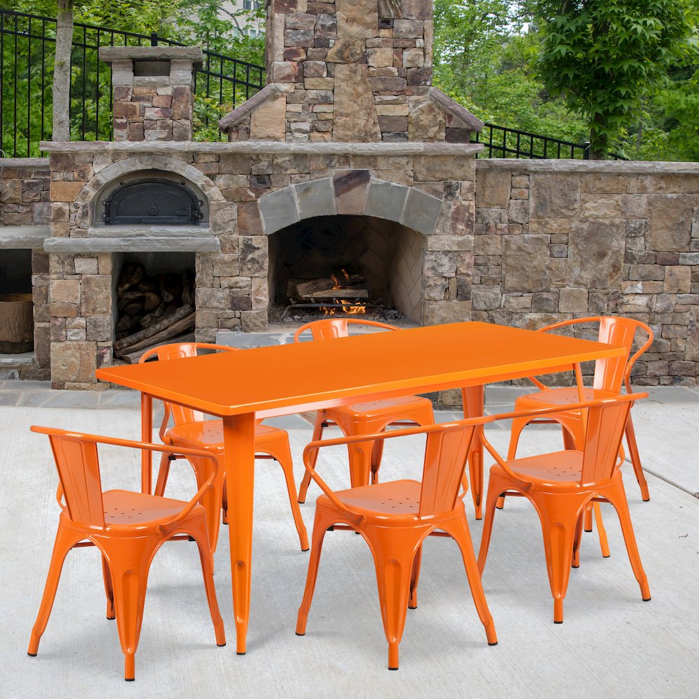 31.5" x 63" Rectangular Orange Metal Indoor-Outdoor Table Set with 6 Arm Chairs