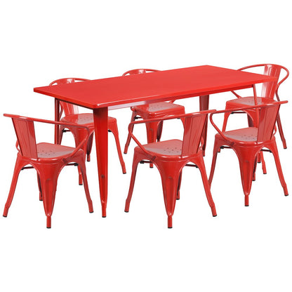 31.5" x 63" Rectangular Red Metal Indoor-Outdoor Table Set with 6 Arm Chairs