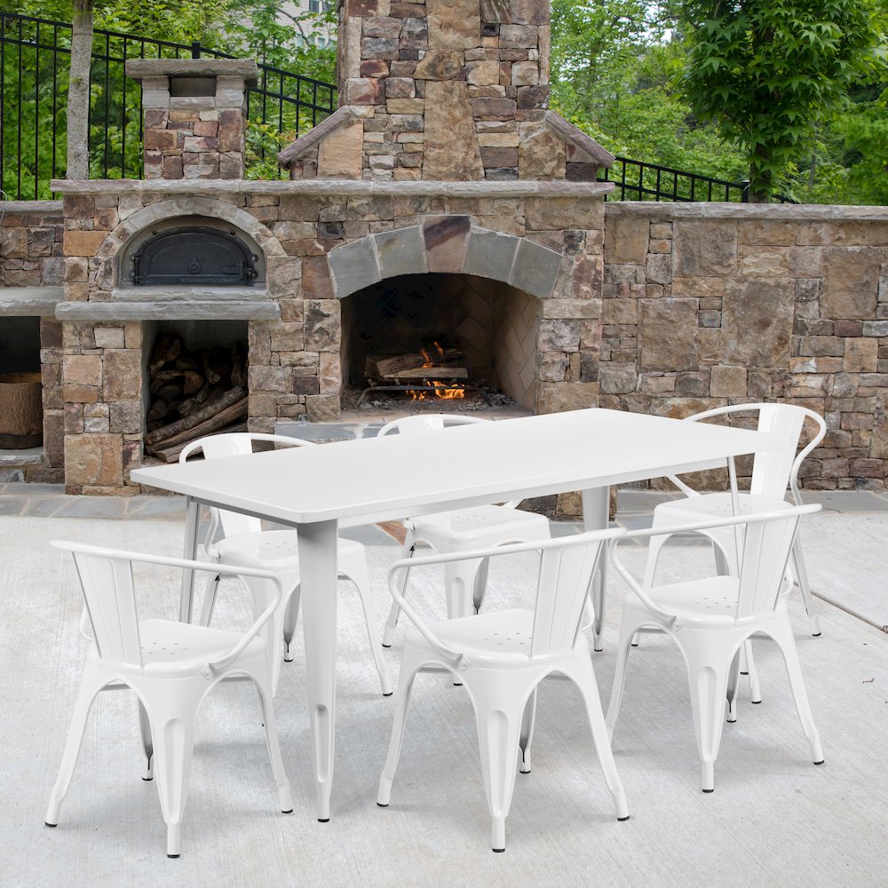 31.5" x 63" Rectangular White Metal Indoor-Outdoor Table Set with 6 Arm Chairs