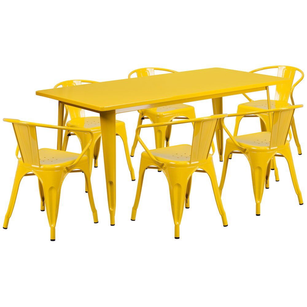 31.5" x 63" Rectangular Yellow Metal Indoor-Outdoor Table Set with 6 Arm Chairs