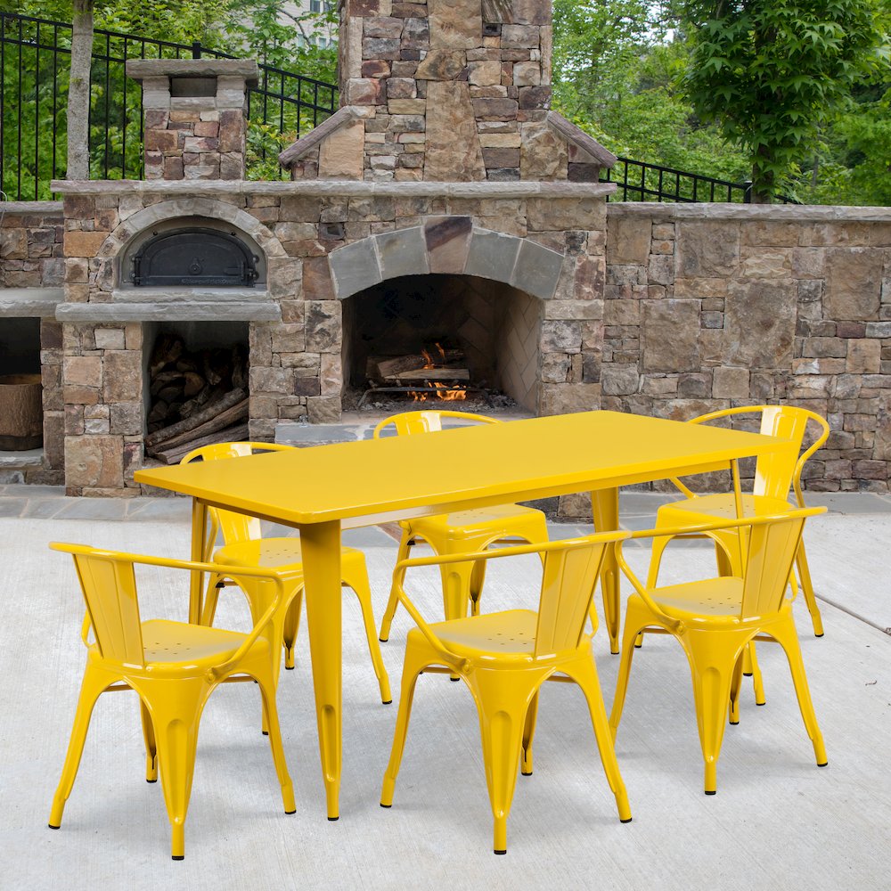 31.5" x 63" Rectangular Yellow Metal Indoor-Outdoor Table Set with 6 Arm Chairs