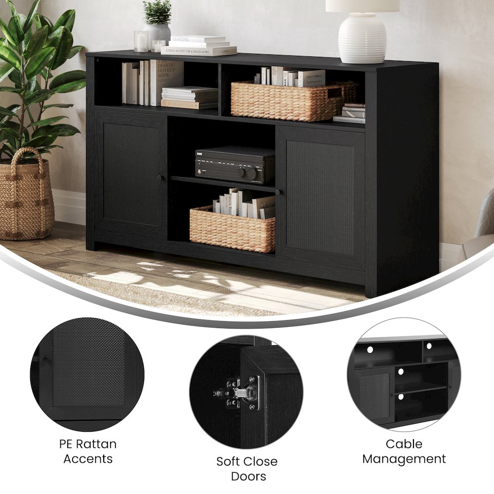 Modern 58 Inch Buffet Sideboard, TV Stand for up to 65" TV's, Black/Rattan
