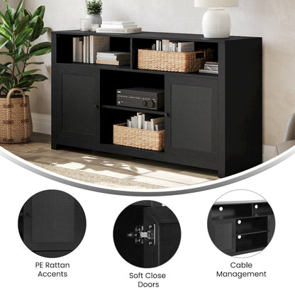 Modern 58 Inch Buffet Sideboard, TV Stand for up to 65" TV's, Black/Rattan