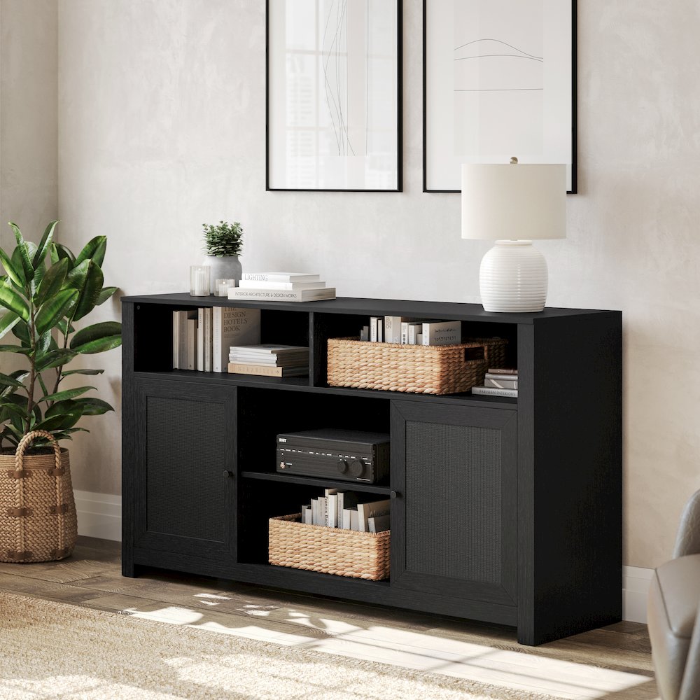 Modern 58 Inch Buffet Sideboard, TV Stand for up to 65" TV's, Black/Rattan