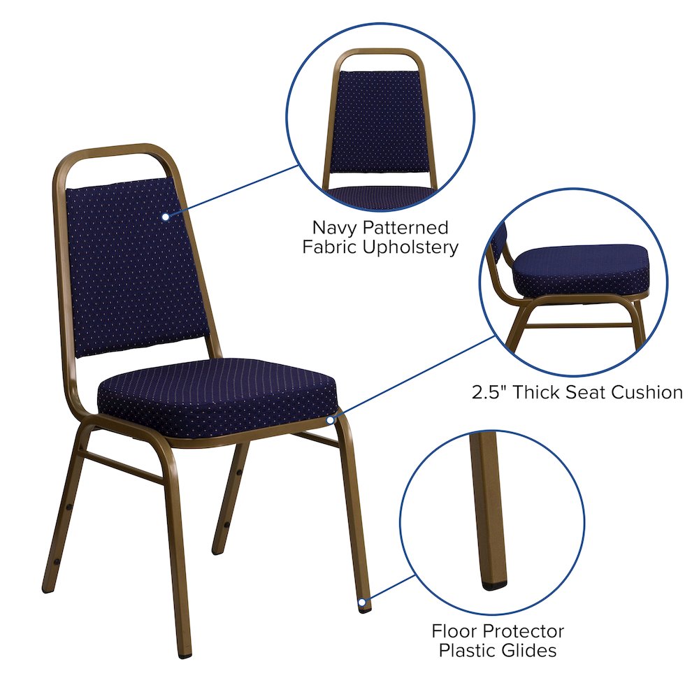 Trapezoidal Back Stacking Banquet Chair in Navy Patterned Fabric - Gold Frame