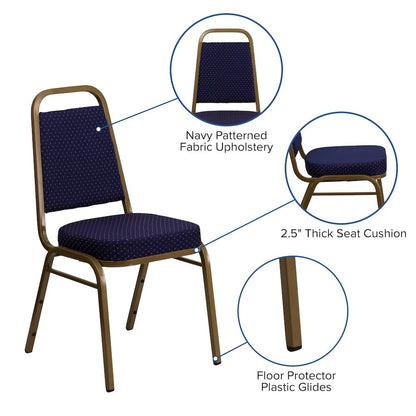 Trapezoidal Back Stacking Banquet Chair in Navy Patterned Fabric - Gold Frame