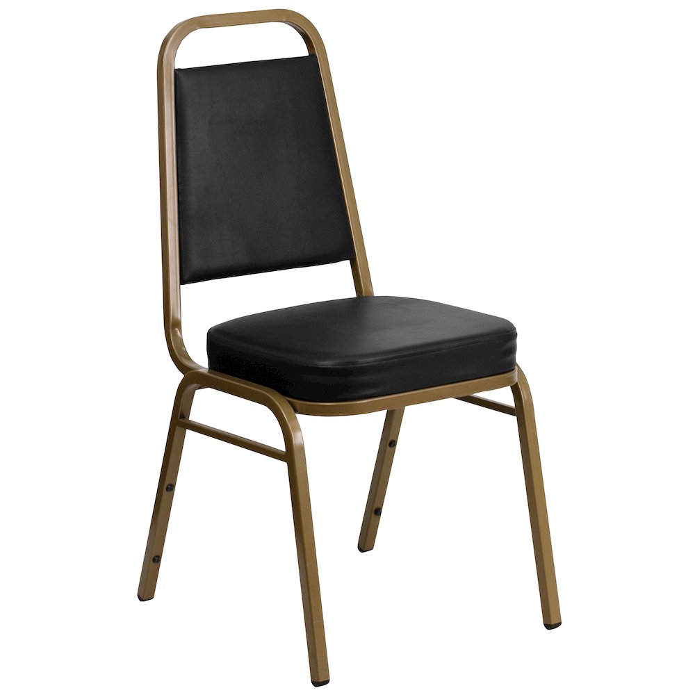 Trapezoidal Back Stacking Banquet Chair in Black Vinyl - Gold Frame