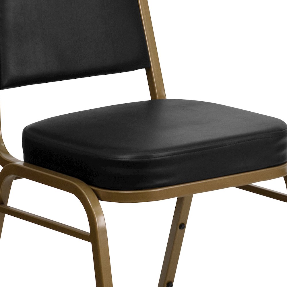 Trapezoidal Back Stacking Banquet Chair in Black Vinyl - Gold Frame
