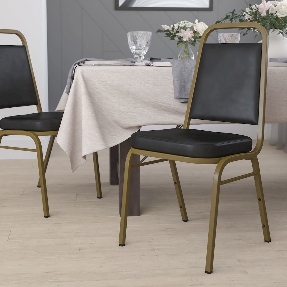 Trapezoidal Back Stacking Banquet Chair in Black Vinyl - Gold Frame