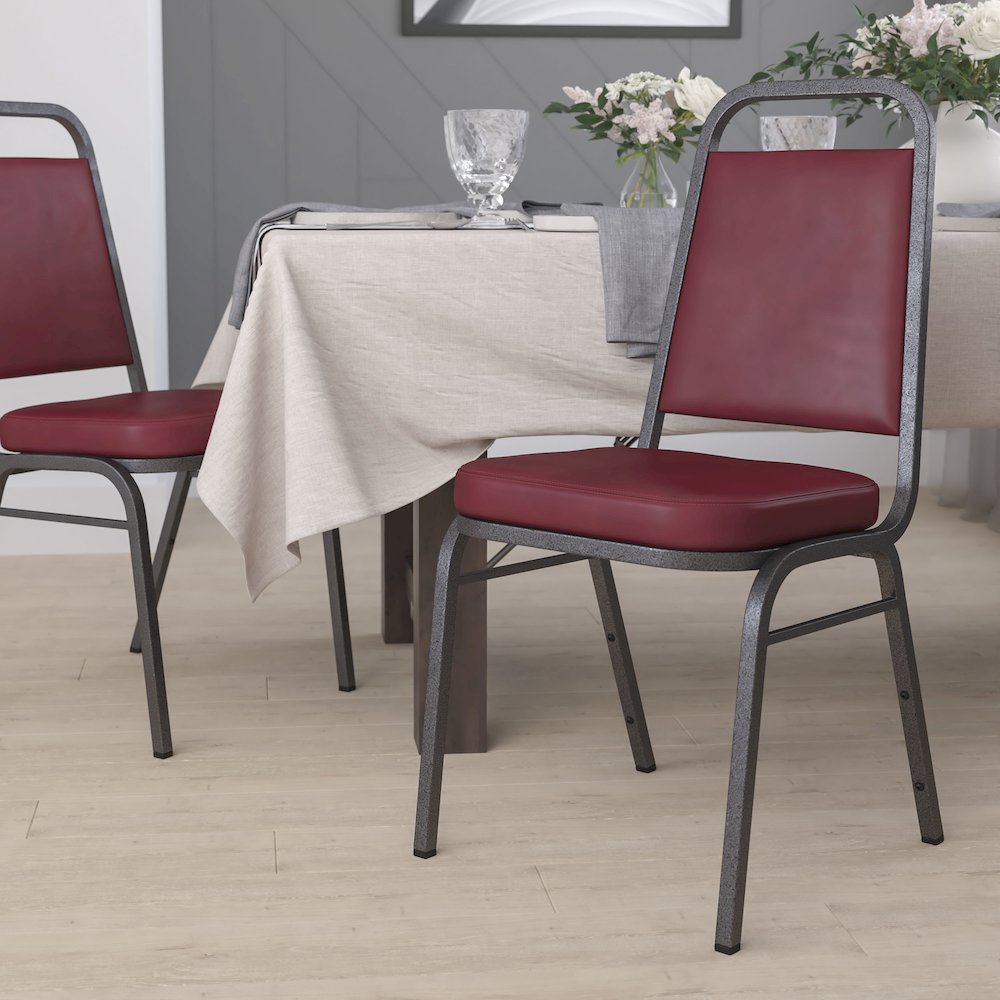 Trapezoidal Back Stacking Banquet Chair in Burgundy Vinyl - Silver Vein Frame