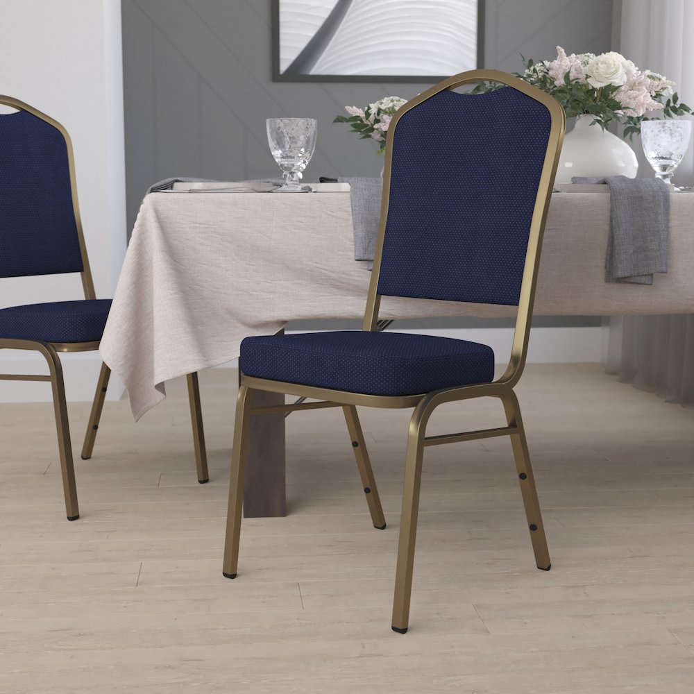Crown Back Stacking Banquet Chair in Navy Blue Patterned Fabric - Gold Frame