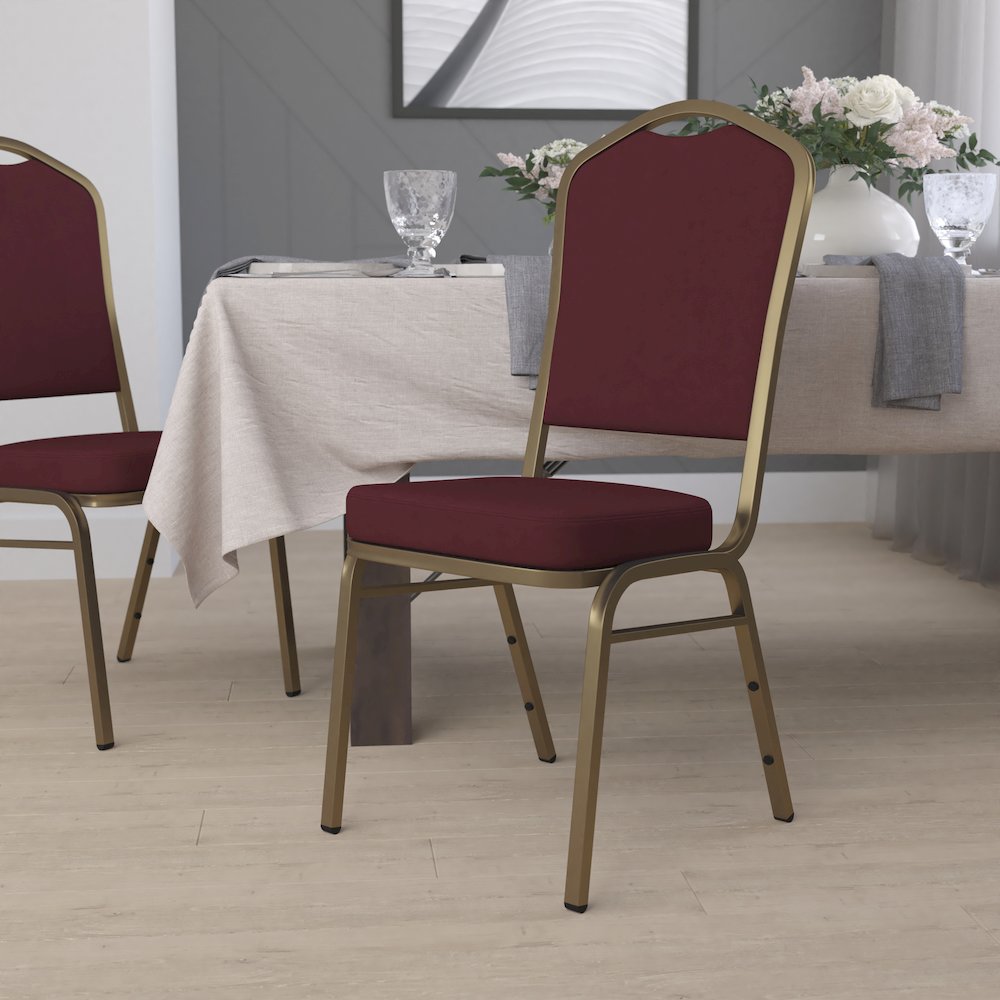 Crown Back Stacking Banquet Chair in Burgundy Fabric - Gold Frame